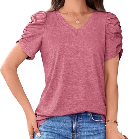 BZB Womens V-Neck T-Shirts Puff Short Sleeve Tops Loose Summer Shirt for Women - Picture 1 of 3